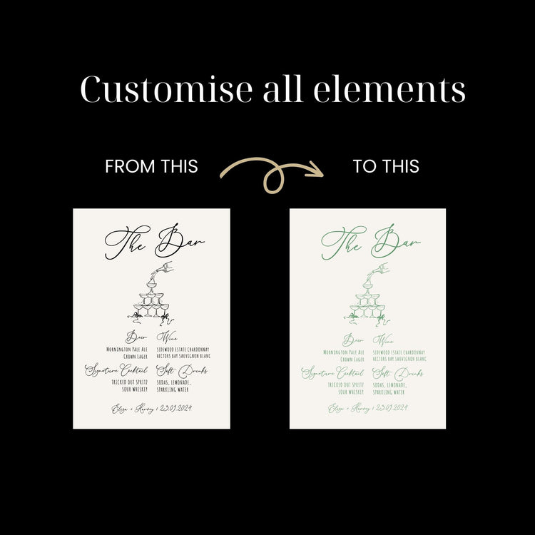 Hand drawn Champagne Tower Wedding Bar Menu Sign Template