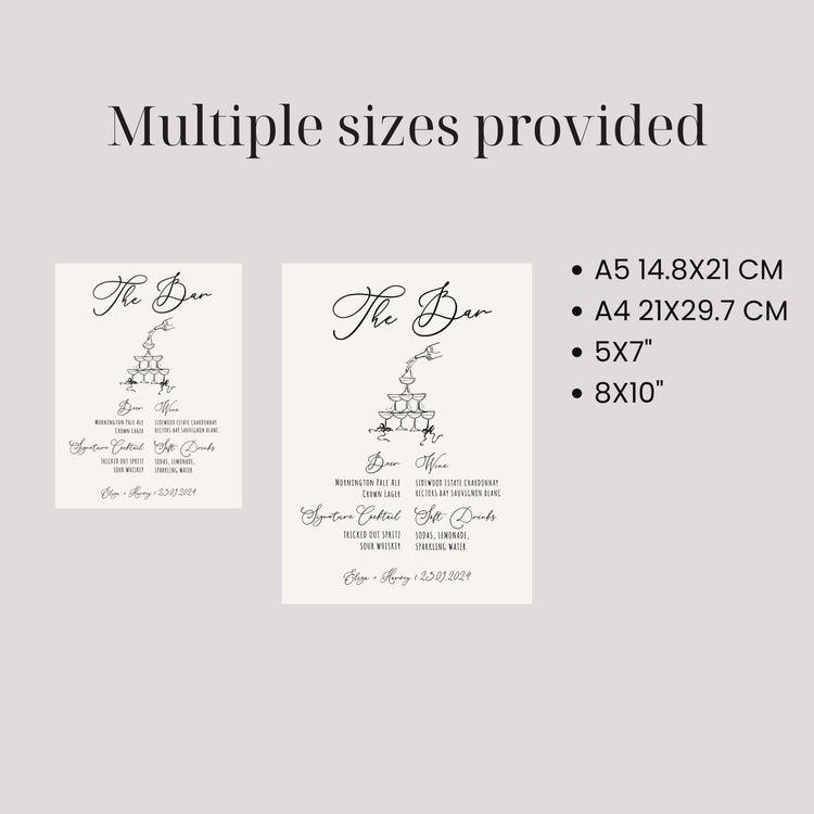 Hand drawn Champagne Tower Wedding Bar Menu Sign Template
