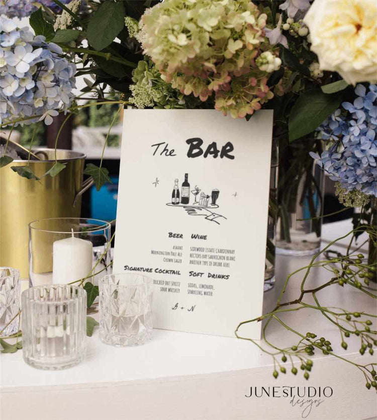 wedding bar menu illustrated with hand written font and hand drawn illustration digital template, editable template printable, bespoke reception wedding signage