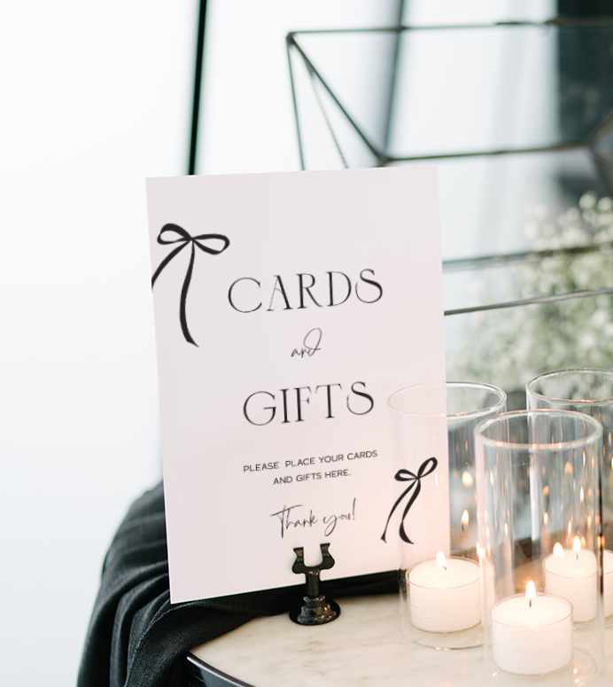 editable Black Bow Bridal Shower Cards and Gifts Sign digital template, printable black ribbon gifts table sign, bridal shower decor, bachelorette signages