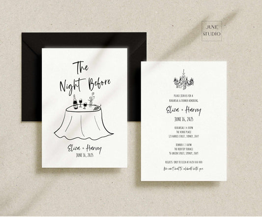 whimsical hand drawn the night before invitation template, chandelier illustration rehearsal dinner invitation, hand written dinner illustrated the day before wedding invitation digital template