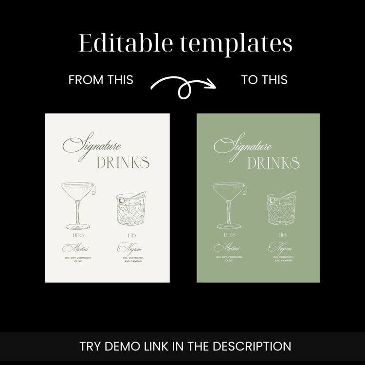 Sage Green Signature Drinks Sketched Sign Template