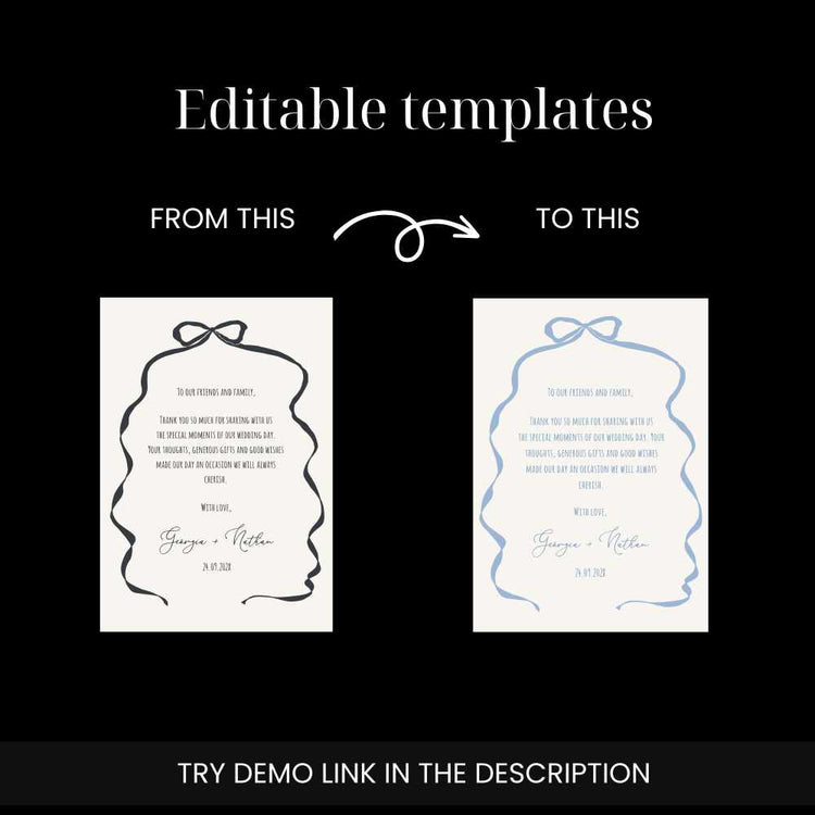 editable bow wedding photo thank you card template