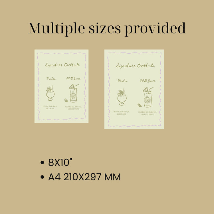 Whimsical Sage Green Signature Cocktails Sign Template