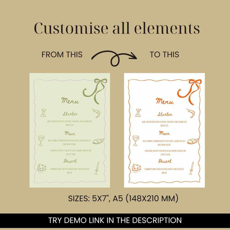 Hand drawn Sage Green Menu and Place Card Set Template