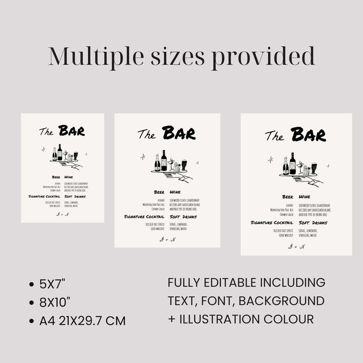 Vintage Inspired Hand drawn Wedding Bar Menu Sign Template