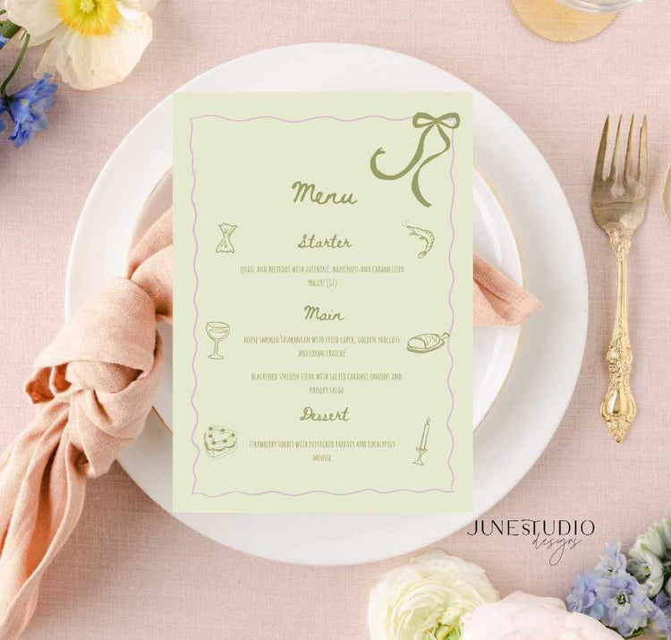 Hand drawn Sage Green Menu and Place Card Set Template