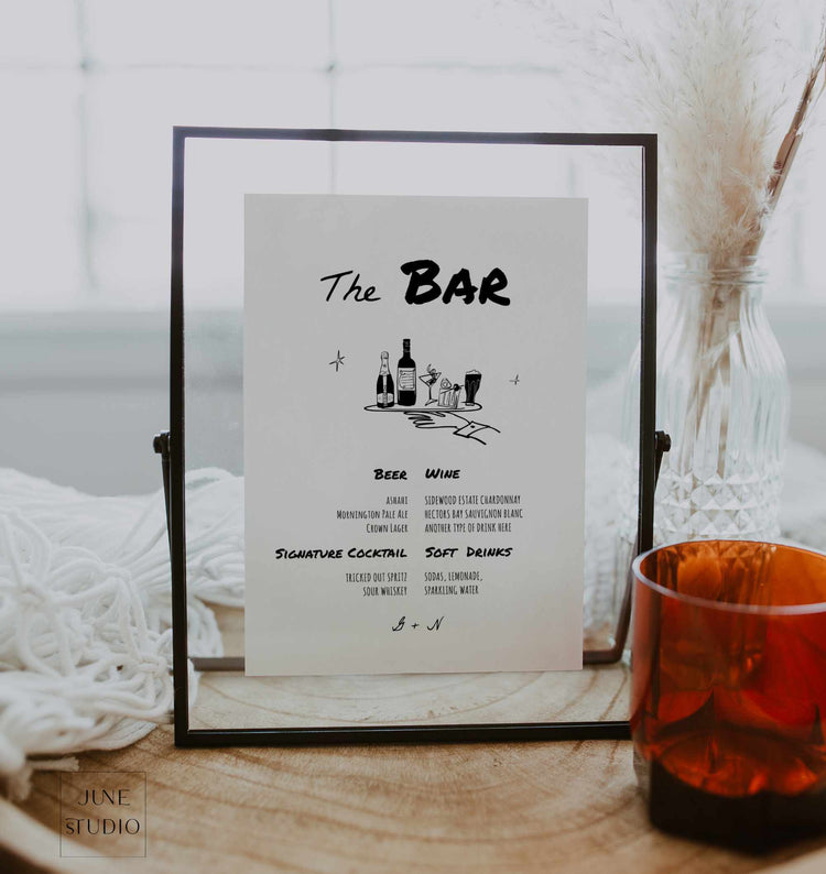 Vintage Inspired Hand drawn Wedding Bar Menu Sign Template