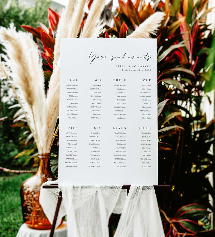 modern minimalist wedding sign seating chart with 8 and 12 tables, editable wedding signage template, printable wedding decor, your seat awaits signage
