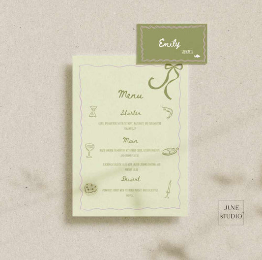 Hand drawn Sage Green Menu and Place Card Set Template