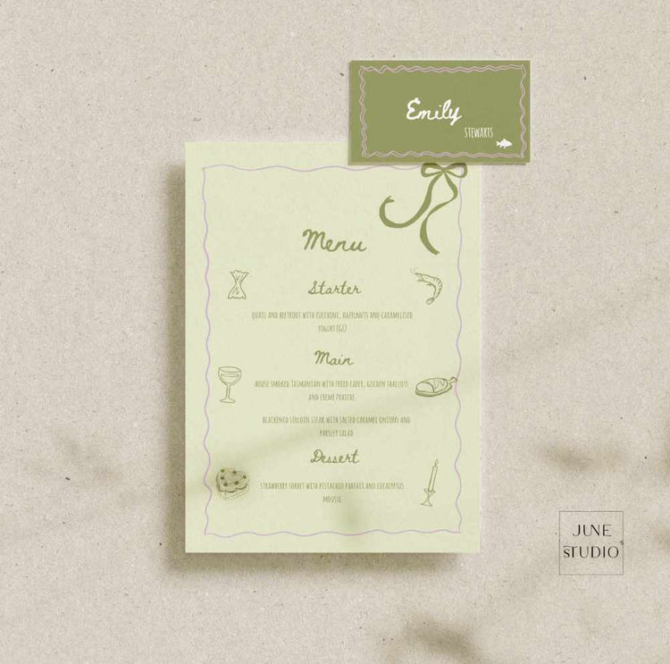 Hand drawn Sage Green Menu and Place Card Set Template