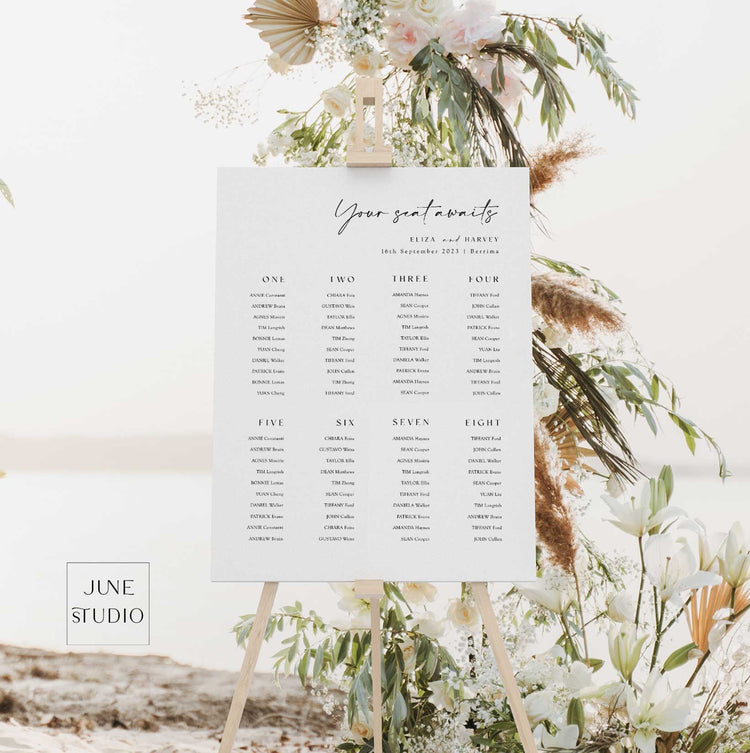 modern minimalist wedding sign seating chart with 8 tables, editable wedding signage template, printable wedding decor, your seat awaits signage