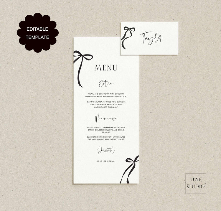 black bow bridal shower menu, thin black ribbon bachelorette menu, editable, customizable modern luxe menu template, minimalist menu