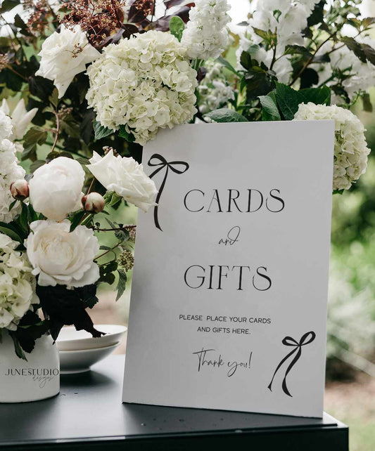 Black Bow Bridal Shower Cards and Gifts Sign digital template, printable black ribbon gifts table sign, bridal shower decor, bachelorette signages