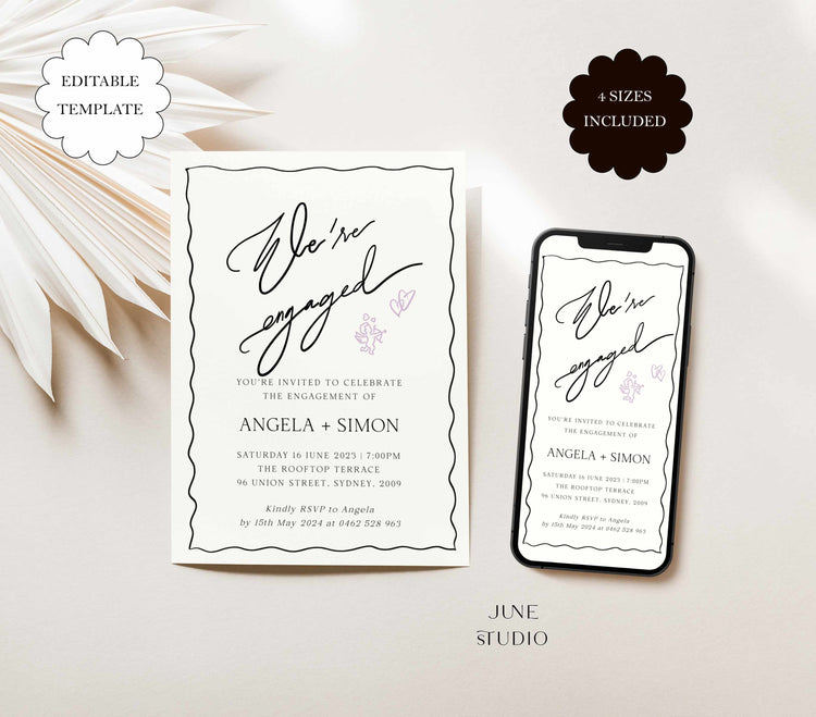 wavy hand-lettered we're engaged invitation digital template