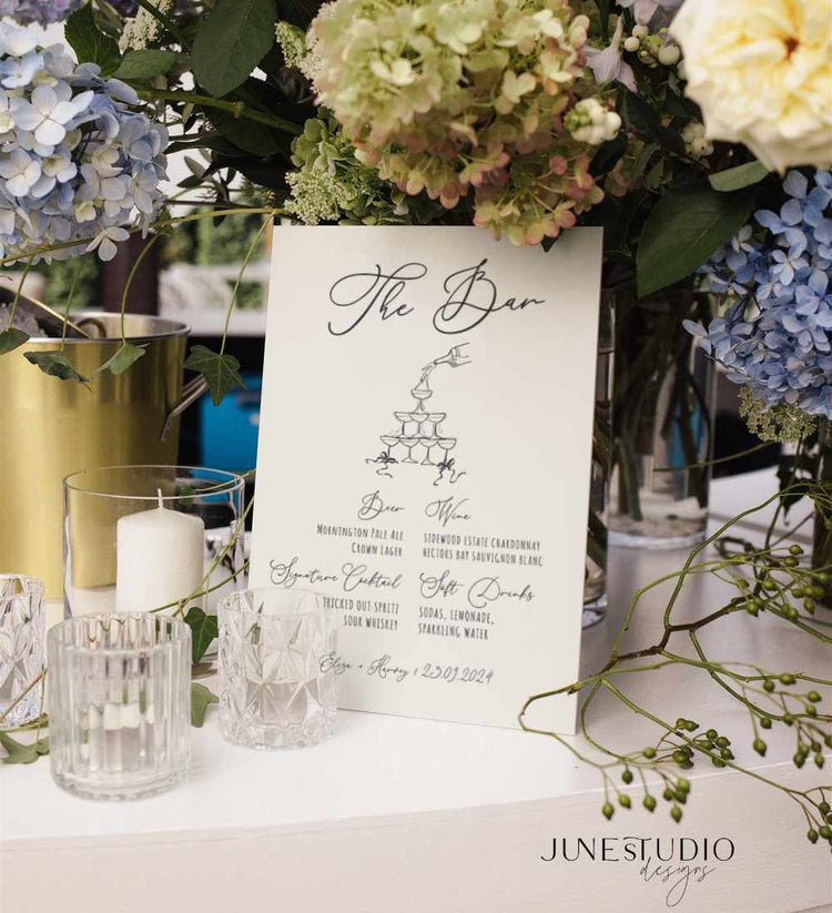 Hand drawn Champagne Tower Wedding Bar Menu Sign Template