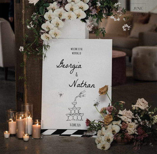 Hand-written Champagne Tower Wedding Welcome Sign Template