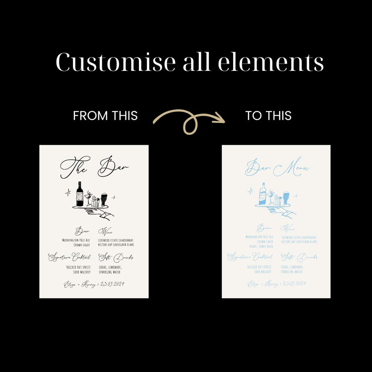 hand drawn wedding bar sign, modern french inspired, hand written bar sign digital template, editable, customizable bar sign, funky bar drinks illustration bar menu editable template