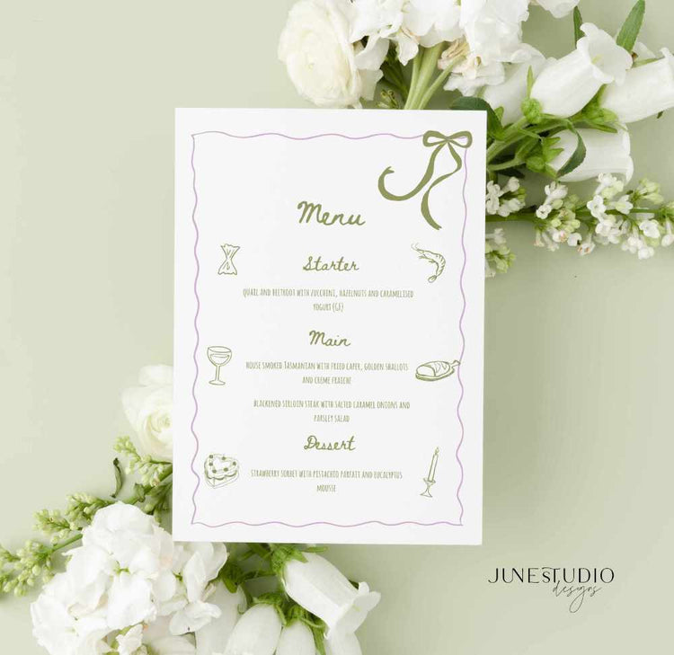 Hand drawn Sage Green Menu and Place Card Set Template