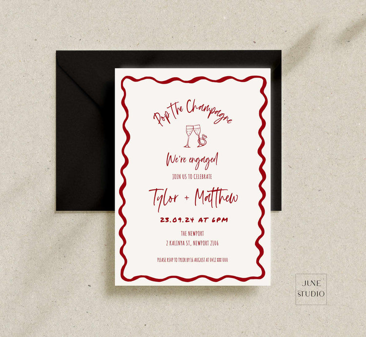 Hand drawn Pop the Champagne Engagement/ Rehearsal Dinner Invitation Template
