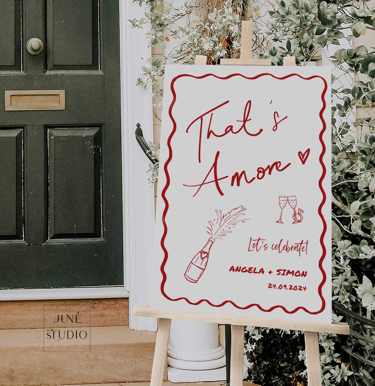 wavy border engagement welcome sign, that's amore welcome sign, pop the champagne, engagement ring illustration, artsy engagement decor, hand drawn rehearsal dinner