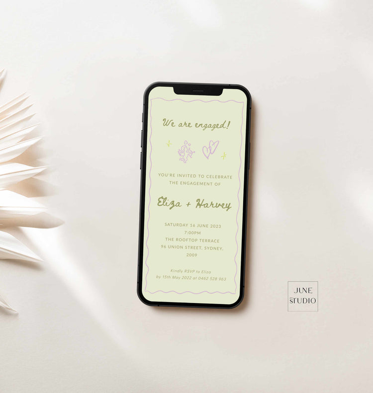 whimsical hand drawn wavy border digital phone engagement invitation template
