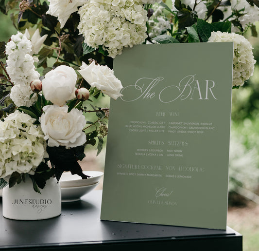 sage green wedding bar menu sign template 8x10, A4, 6x9, 11x14 inches