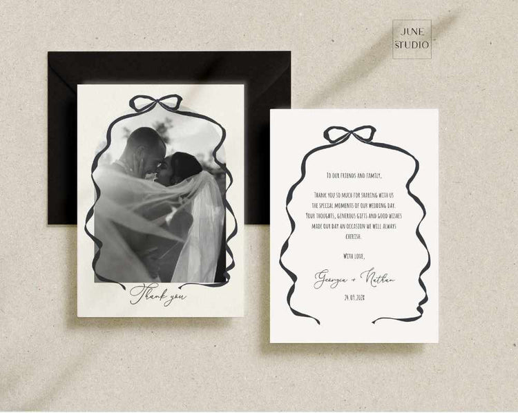 hand drawn bow wedding photo thank you card template