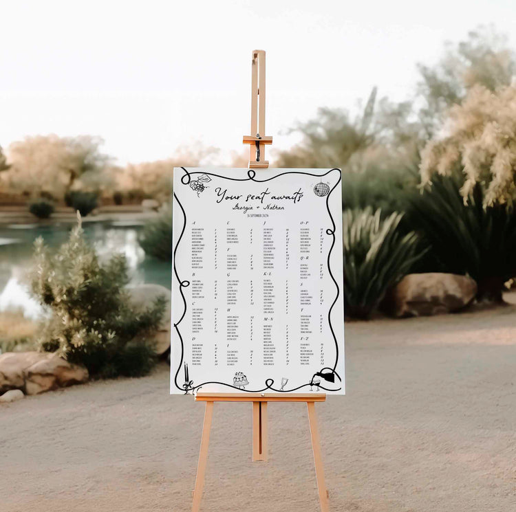 squiggly wedding alphabetical seating chart illustrated with hand written font and hand drawn illustration digital template, editable template printable, bespoke reception wedding signage