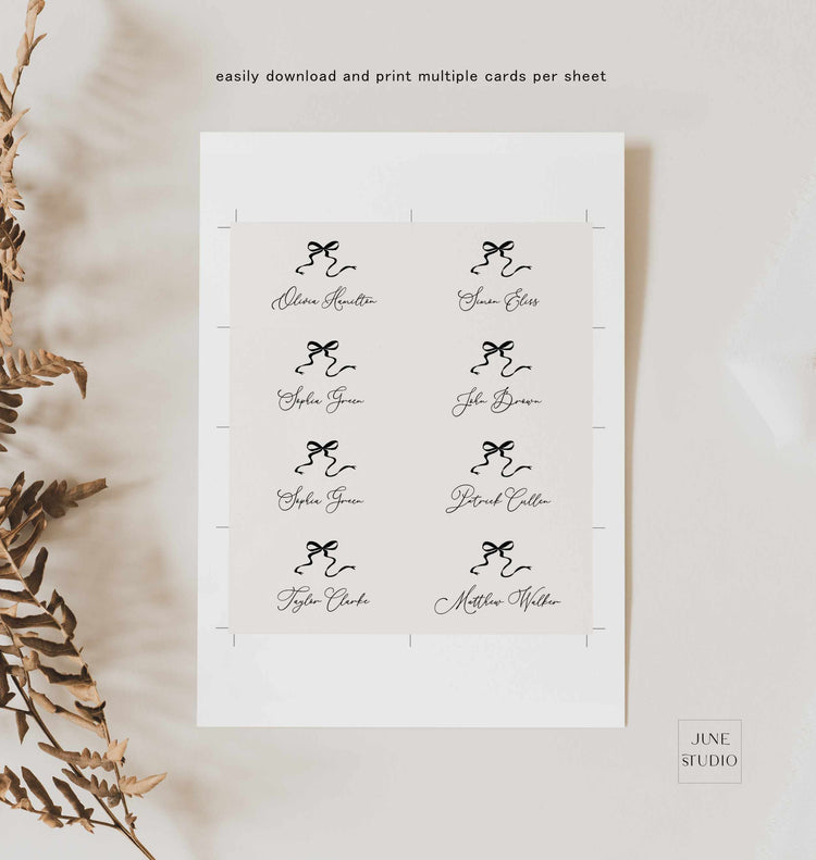 Whimsical Hand drawn Bow Wedding Place Card Template