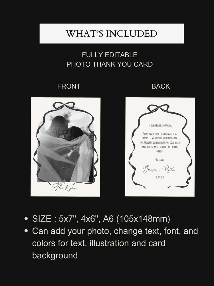 french vintage inspired elegant editable bow wedding photo thank you card template