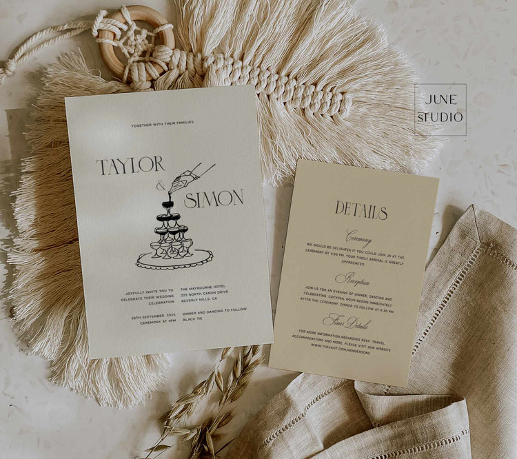 hand drawn champange tower old money wedding invitation set digital template, modern vintage inspired wedding invite set, qr code rsvp, editable template, elegant minimalist, modern illustrated wedding invitation suite, 90's aesthetic