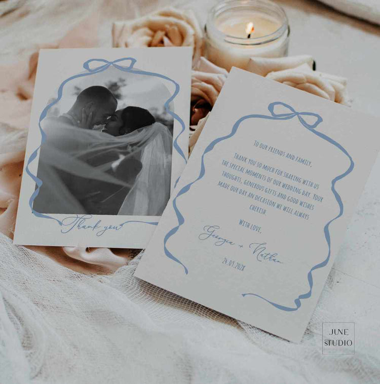 hand drawn bow wedding photo thank you card digital template