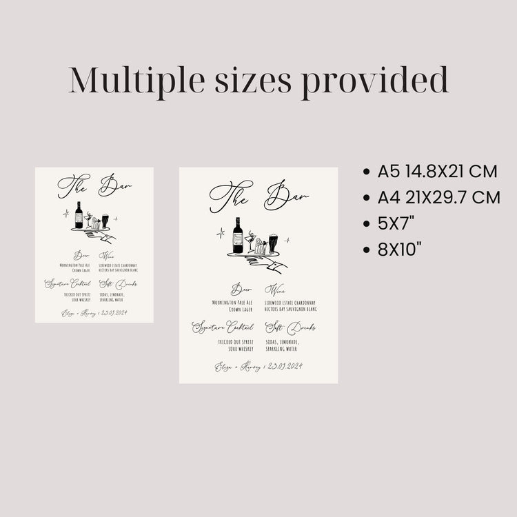 hand drawn wedding bar sign, modern french inspired, hand written bar sign digital template, editable, customizable bar sign, funky bar drinks illustration bar menu editable template