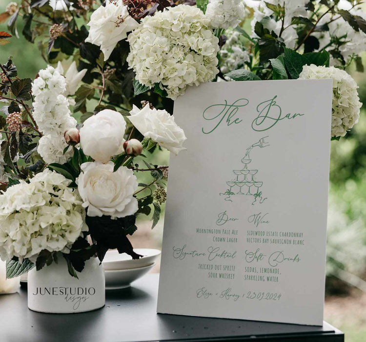 Hand drawn Champagne Tower Wedding Bar Menu Sign Template