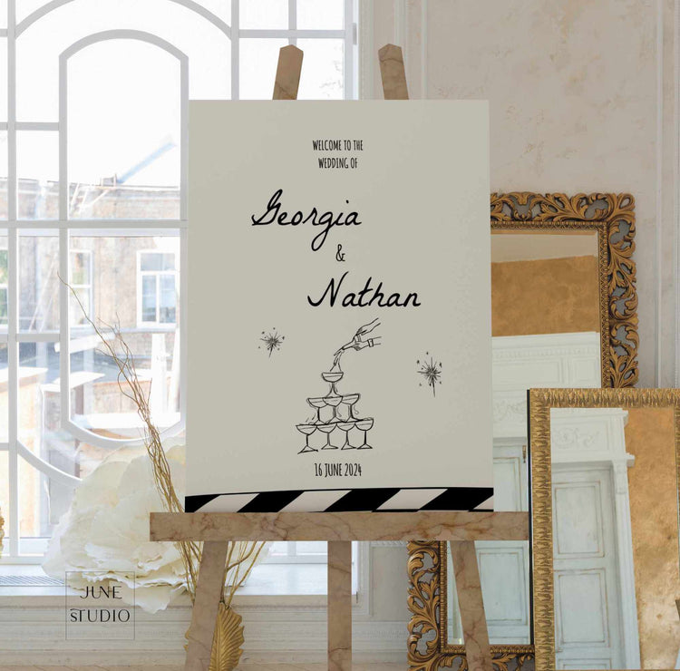 Hand-written Champagne Tower Wedding Welcome Sign Template