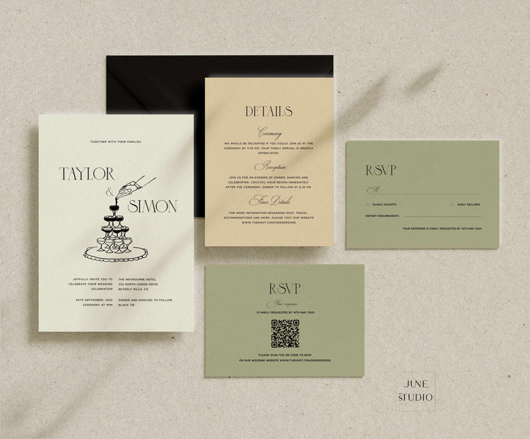 hand drawn champange tower old money wedding invitation set digital template, modern vintage inspired wedding invite set, qr code rsvp, editable template, elegant minimalist, modern illustrated wedding invitation suite