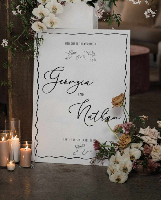 wavy hand drawn wedding welcome sign template, french vintage inspired cherub and bow illustration
