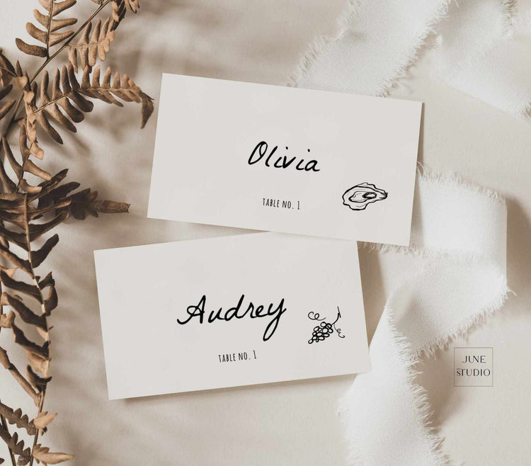 wedding place card illustrated with hand written font and hand drawn illustration digital template, editable template printable, bespoke reception wedding stationary dinner reception