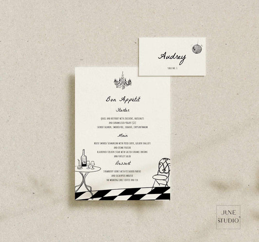 wedding dinner menu illustrated with hand written font and hand drawn illustration digital template, editable template printable, bespoke reception wedding stationery, hand drawn chandelier, disco ball