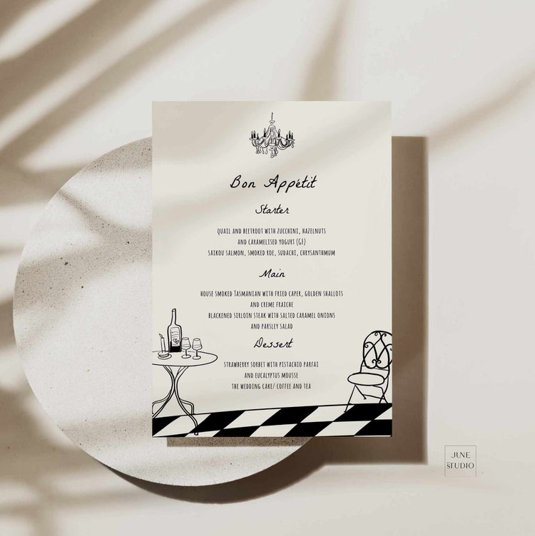 Vintage Inspired Hand drawn Menu + Place Card Set Template