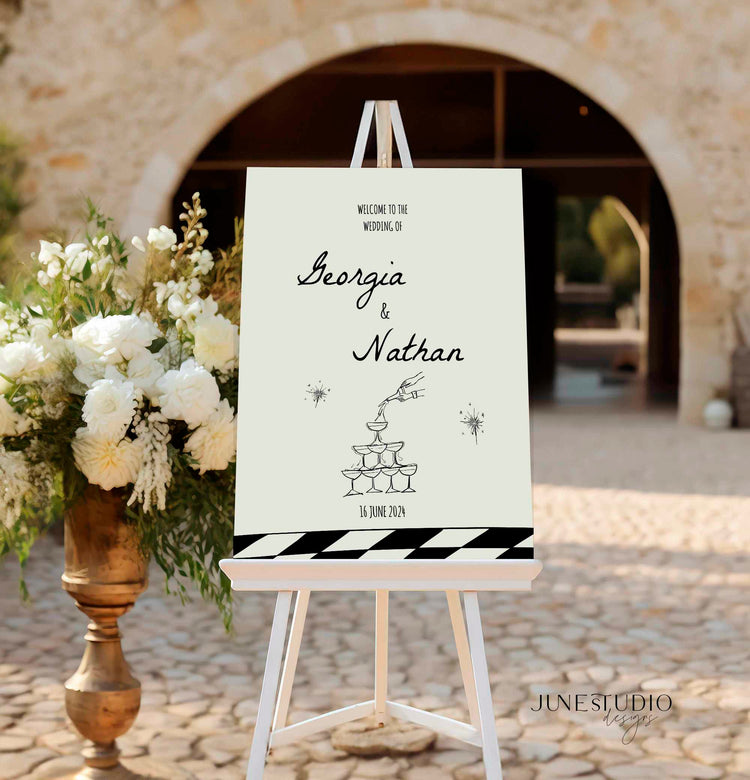 wedding welcome sign illustrated with hand written font and hand drawn champagne tower illustration digital template, editable template printable, bespoke reception wedding signage welcome poster