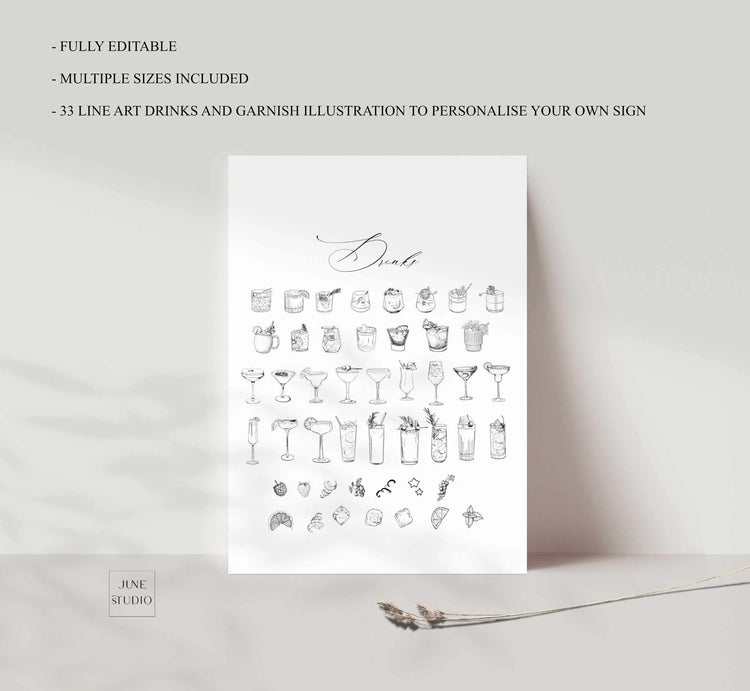 modern minimalist sage green signature cocktails sketched sign printable template with 33 drinks line arts include