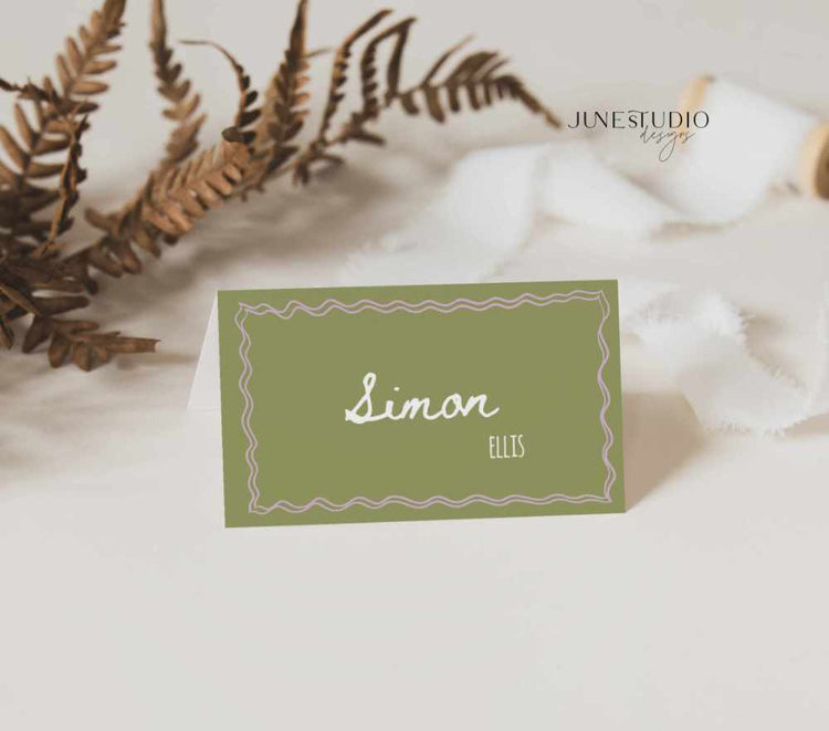 Hand drawn Sage Green Menu and Place Card Set Template