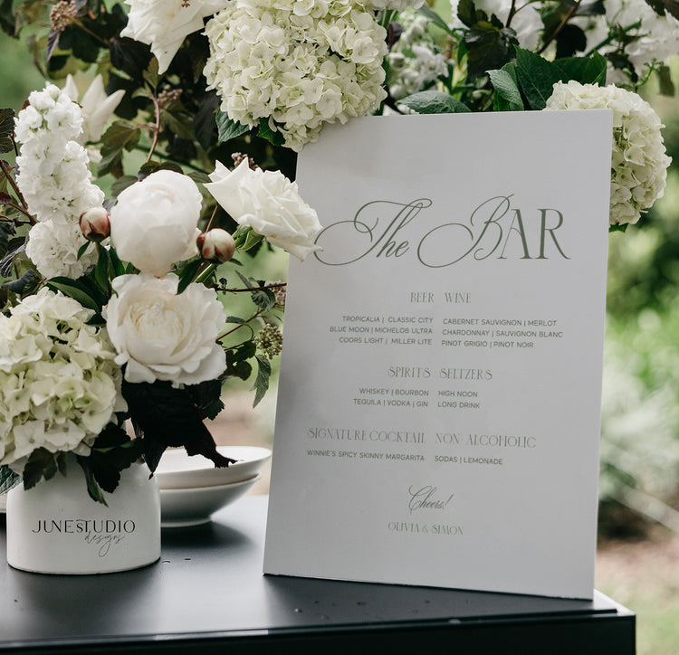 printable modern chic sage green wedding bar menu sign editable template
