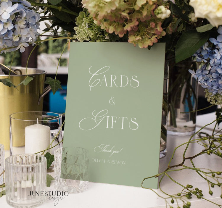 modern minimalist sage green cards and gifts sign wedding printable corjl template editable
