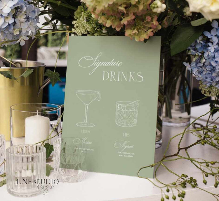 modern minimalist sage green signature cocktails sketched sign printable template