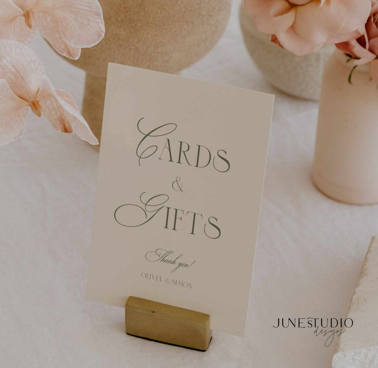 luxe minimalist sage green cards and gifts sign wedding printable template