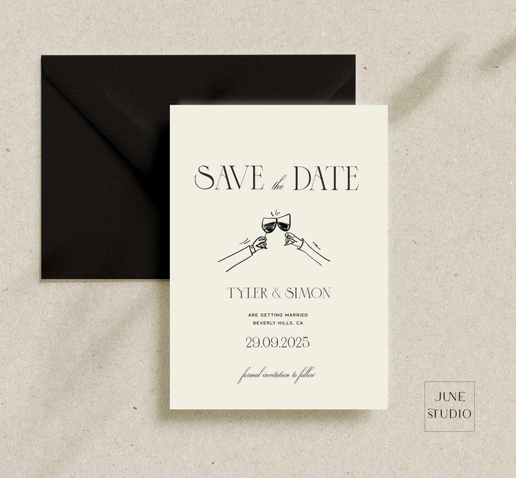 toast illustrated wedding save the date invitation card template, editable digital template, hand drawn cheers save date invite, old money vintage inspired wedding , 90's aesthetic