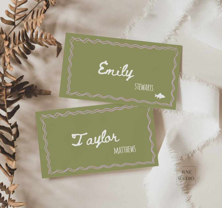 Hand drawn Sage Green Menu and Place Card Set Template
